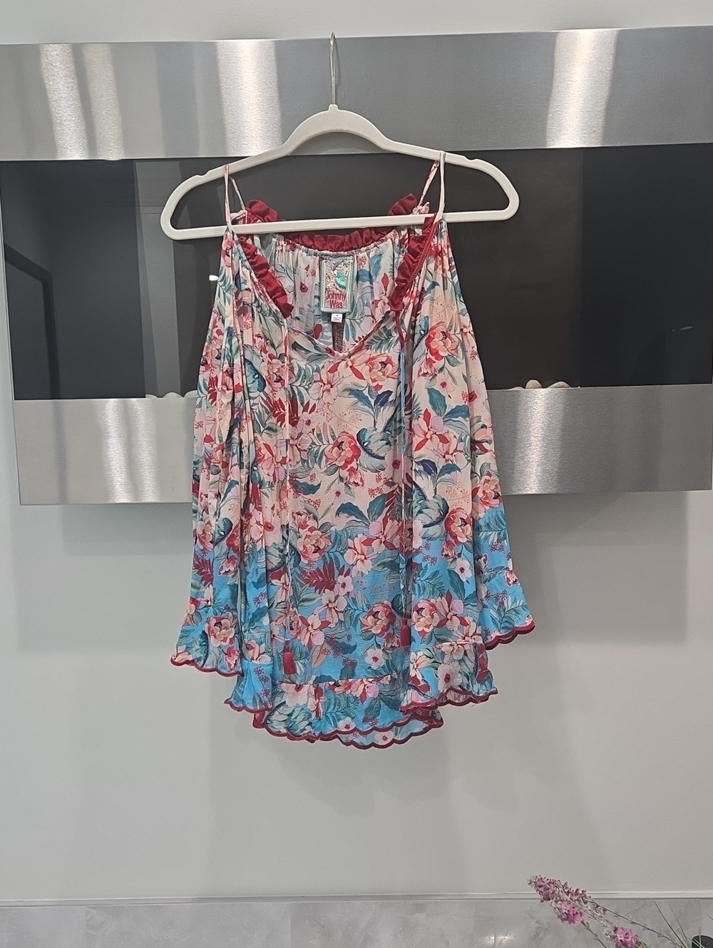 Johnny Was Floral Ruffled Cold Shoulder Top in Blue and Pink